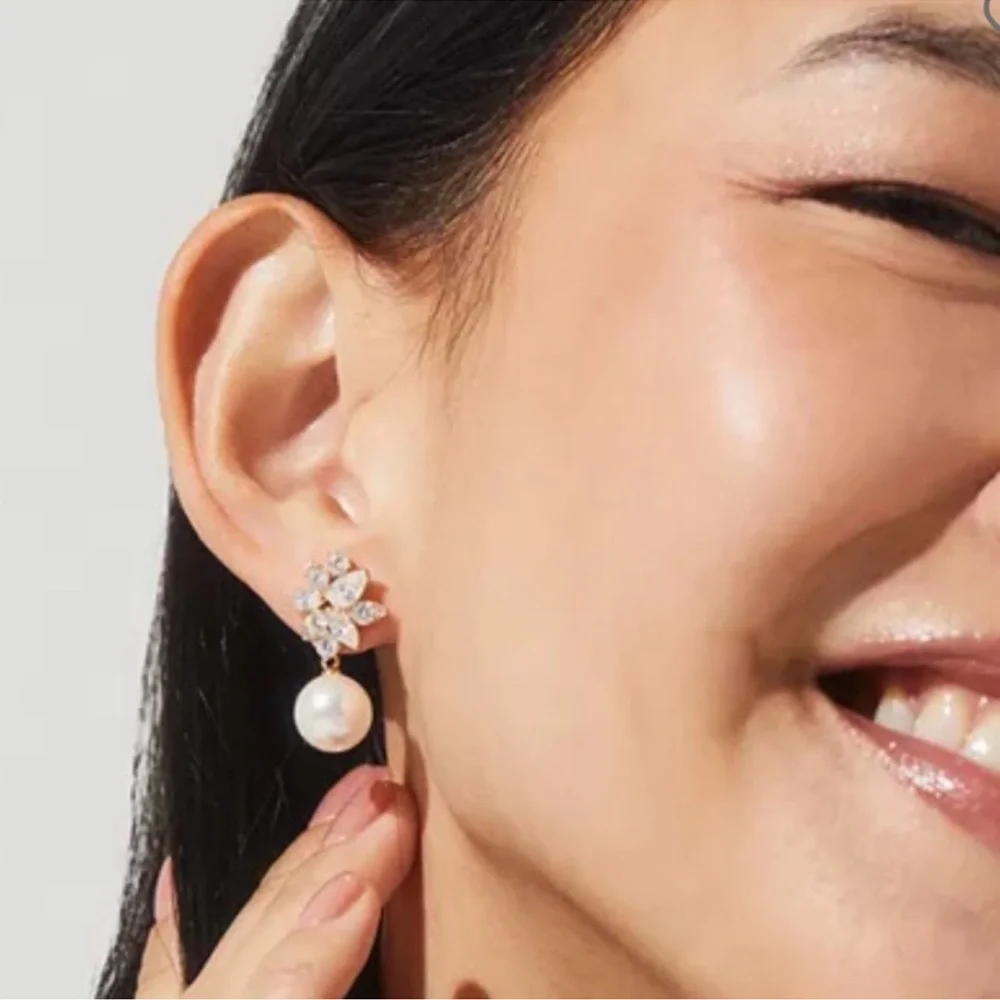 Nadri Chiara Stone Cluster Imitation Pearl Drop Earrings - Picture 3 of 3